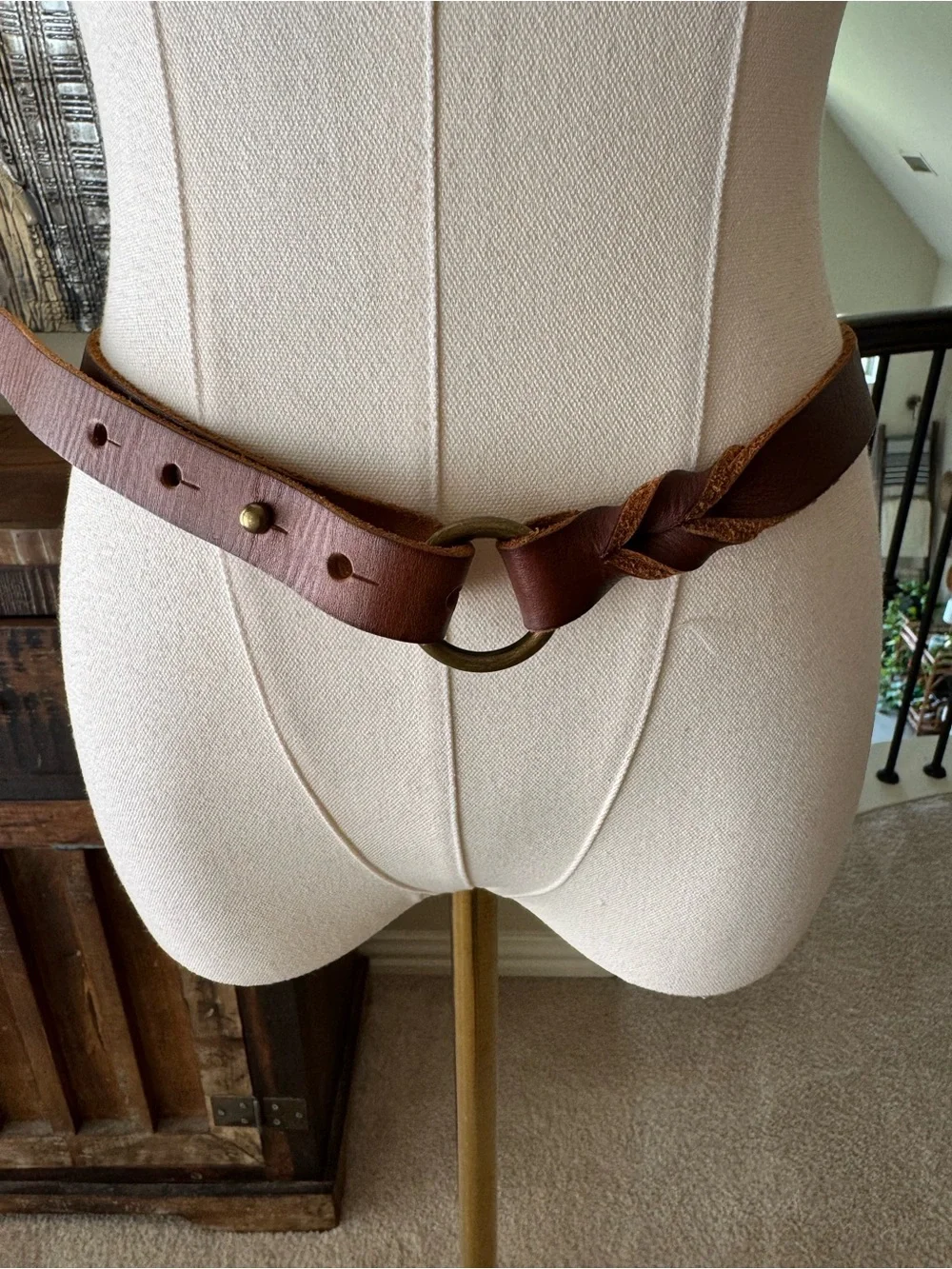 Braided Brown Leather Waist Belt with Antiqued Brass Ring